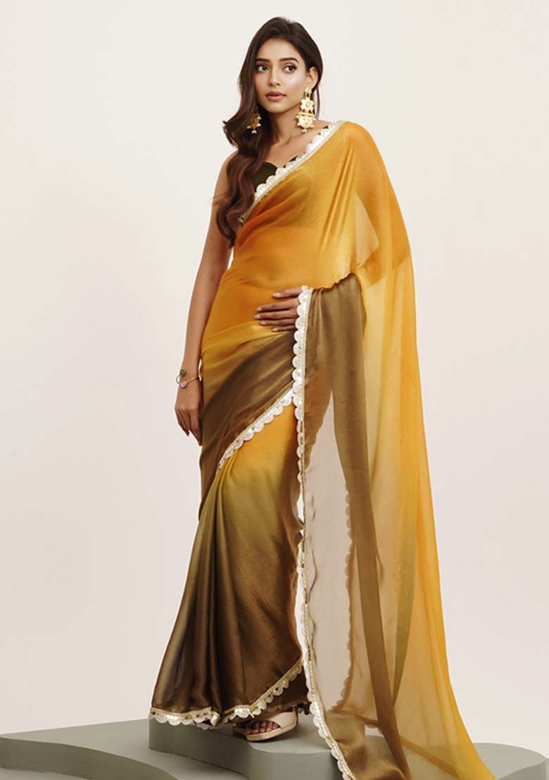 Yellow Embroidered Chiffon Saree Set - Indya