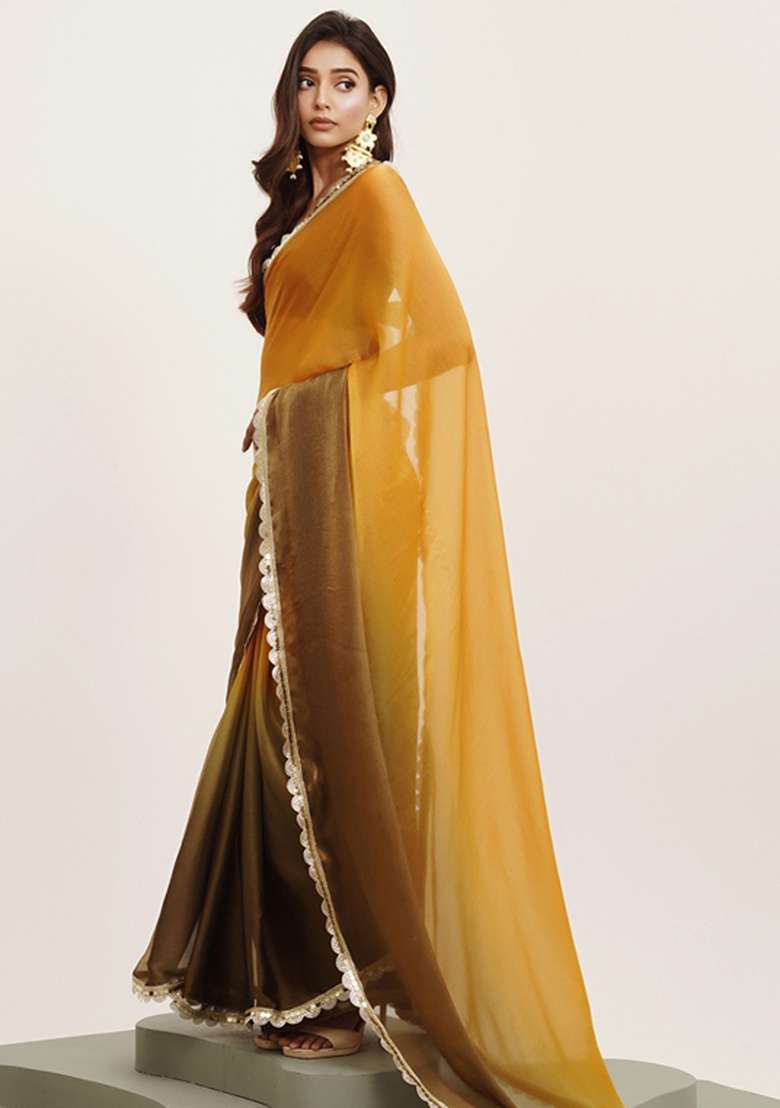 Yellow Embroidered Chiffon Saree Set - Indya