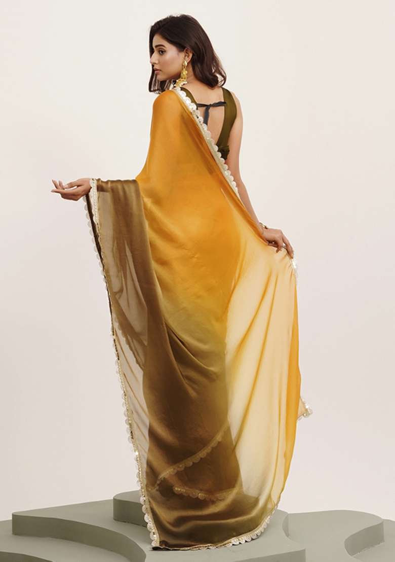 Yellow Embroidered Chiffon Saree Set - Indya