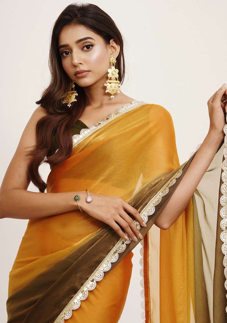 Yellow Embroidered Chiffon Saree Set - Indya