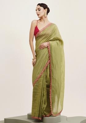 Green Embroidered Tissue Saree Set