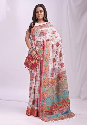 White Embroidered Cotton Saree Set