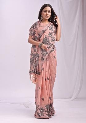 Peach Embroidered Cotton Saree Set
