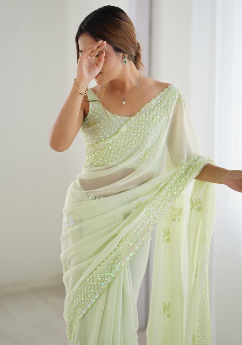 Green Embroidered Georgette Saree Set