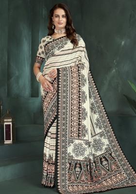 White Embroidered Silk Saree Set