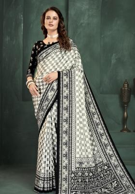 White Embroidered Silk Saree Set