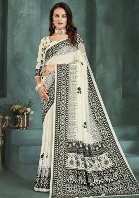 White Embroidered Silk Saree Set