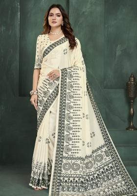 White Embroidered Silk Saree Set