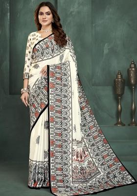 White Embroidered Silk Saree Set