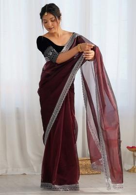 Brown Embroidered Net Saree Set