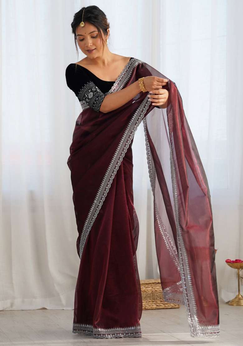 Brown Embroidered Net Saree Set - Indya