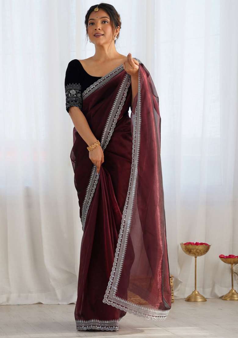 Brown Embroidered Net Saree Set - Indya