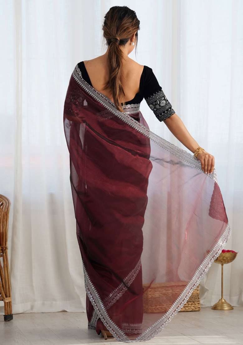 Brown Embroidered Net Saree Set - Indya