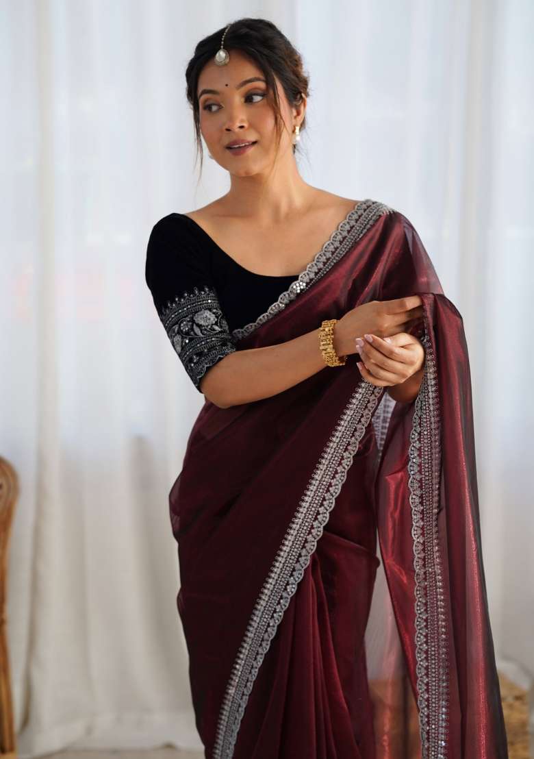 Brown Embroidered Net Saree Set - Indya
