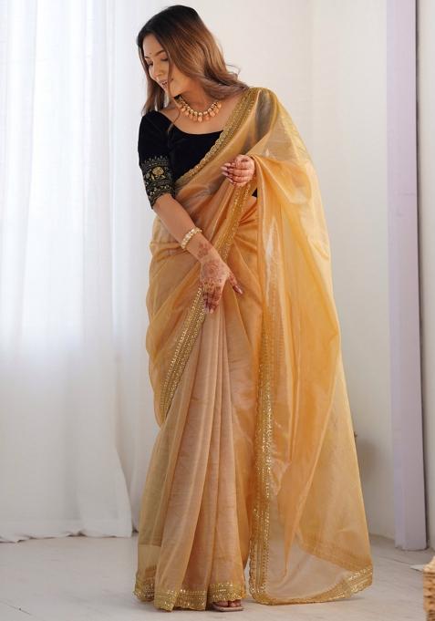 Gold Embroidered Net Saree Set