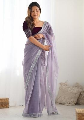 Purple Embroidered Net Saree Set