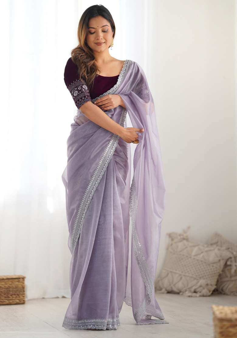Purple Embroidered Net Saree Set - Indya