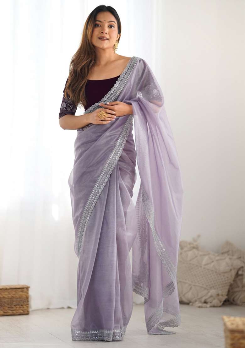 Purple Embroidered Net Saree Set - Indya