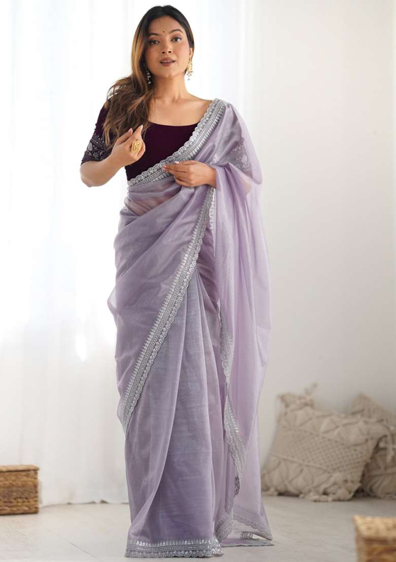 Purple Embroidered Net Saree Set - Indya