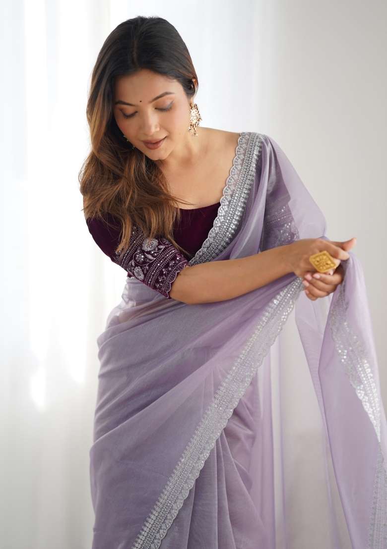 Purple Embroidered Net Saree Set - Indya