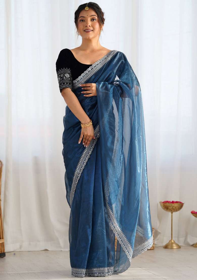 Blue Embroidered Net Saree Set - Indya