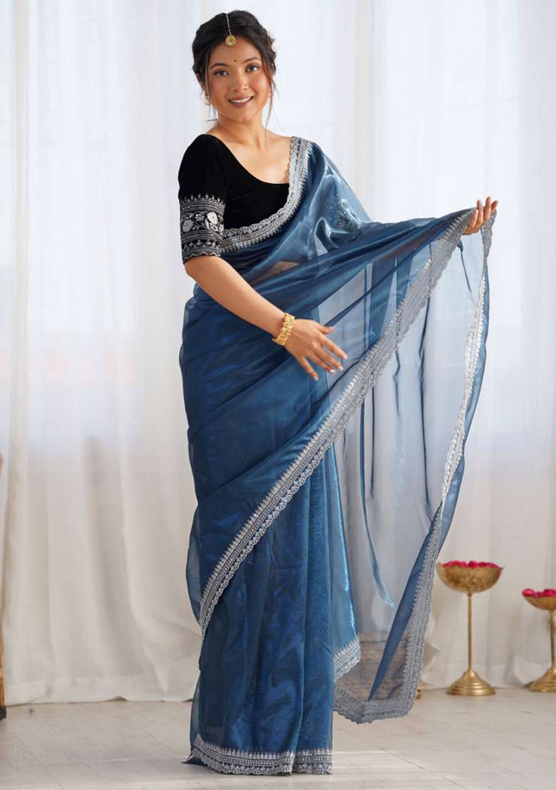 Blue Embroidered Net Saree Set - Indya