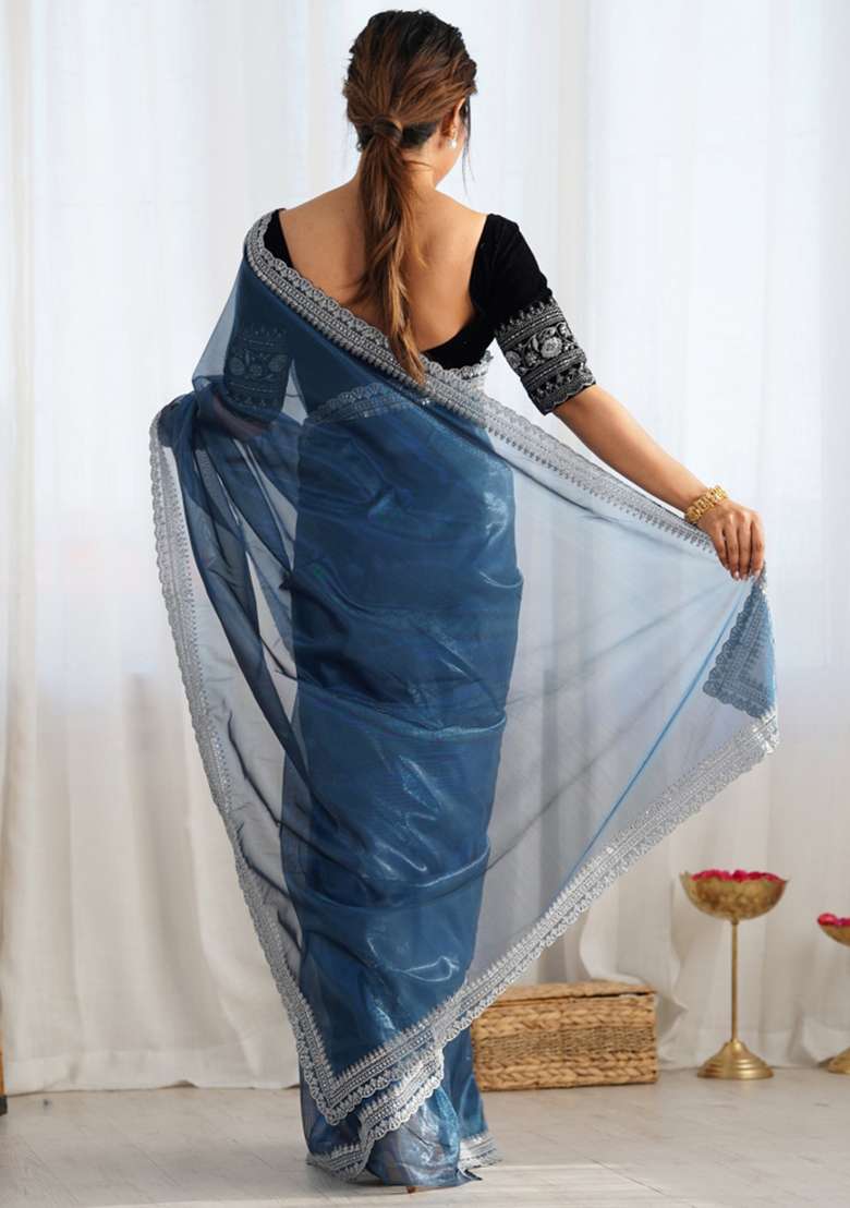 Blue Embroidered Net Saree Set - Indya