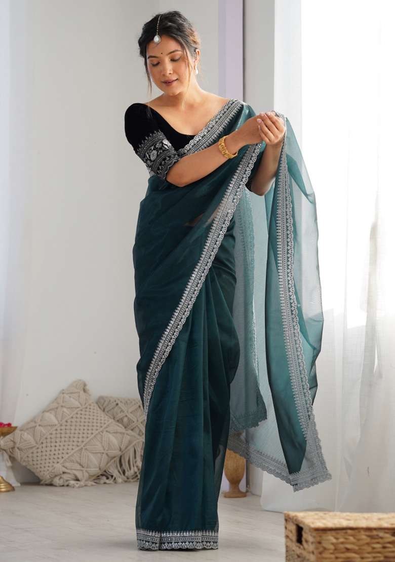 Blue Embroidered Net Saree Set - Indya