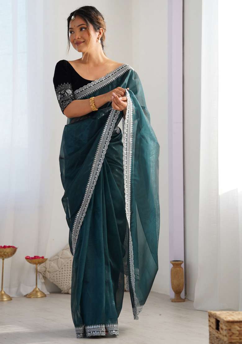 Blue Embroidered Net Saree Set - Indya