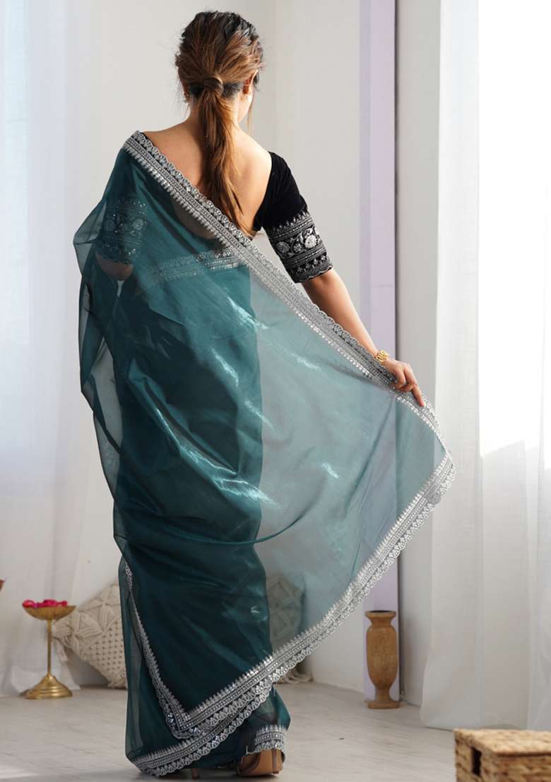 Blue Embroidered Net Saree Set - Indya