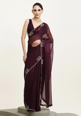 Purple Embroidered Chiffon Saree Set