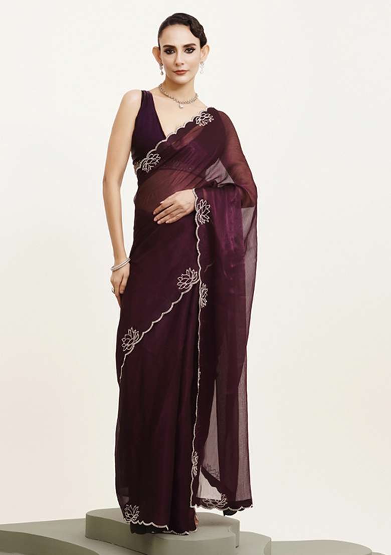 Purple Embroidered Chiffon Saree Set - Indya