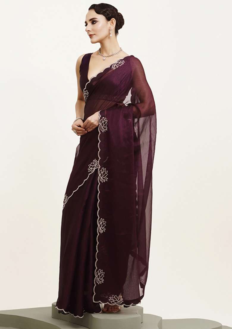 Purple Embroidered Chiffon Saree Set - Indya