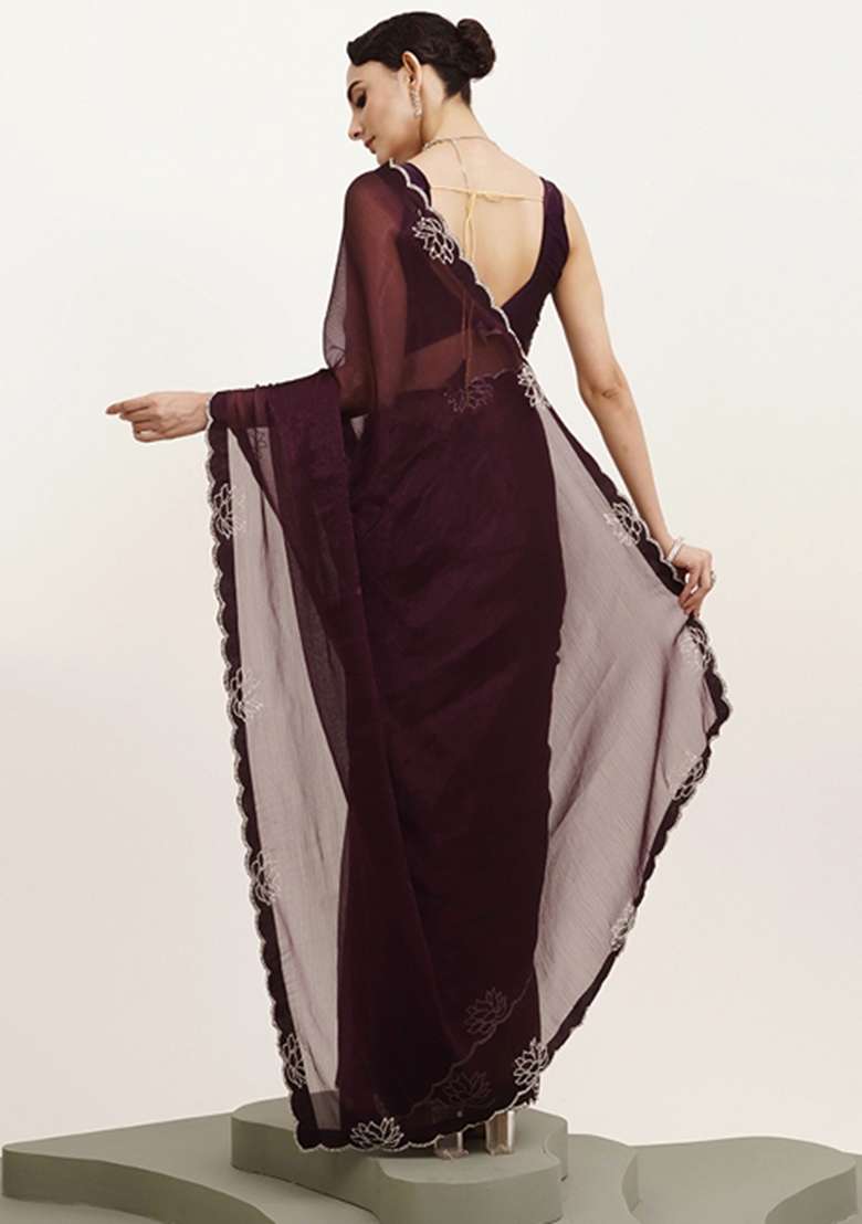 Purple Embroidered Chiffon Saree Set - Indya