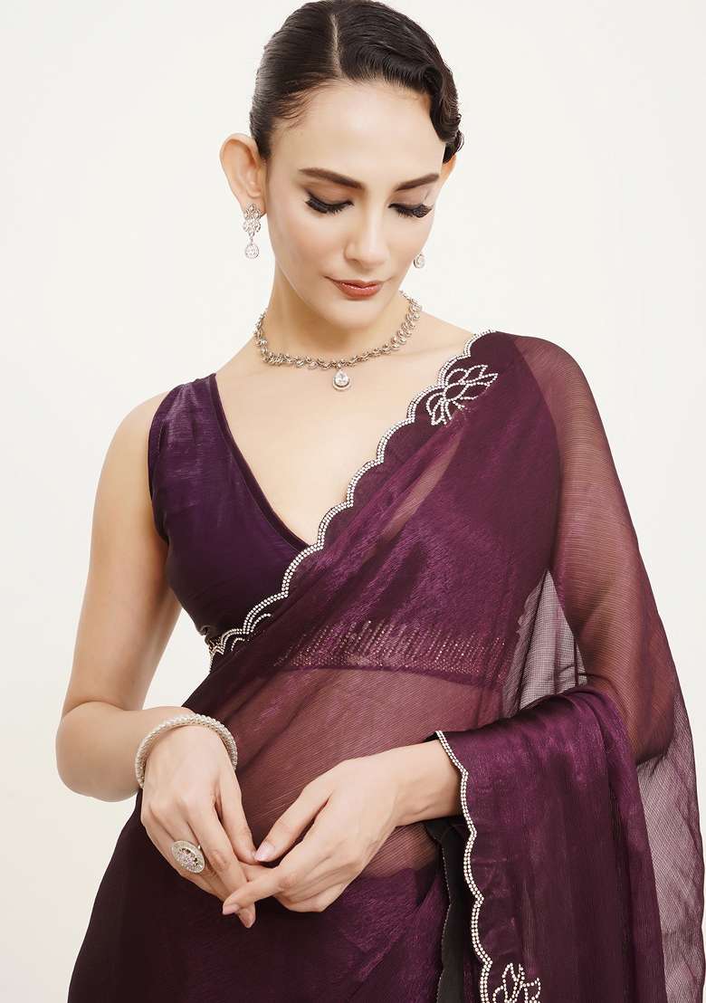 Purple Embroidered Chiffon Saree Set - Indya