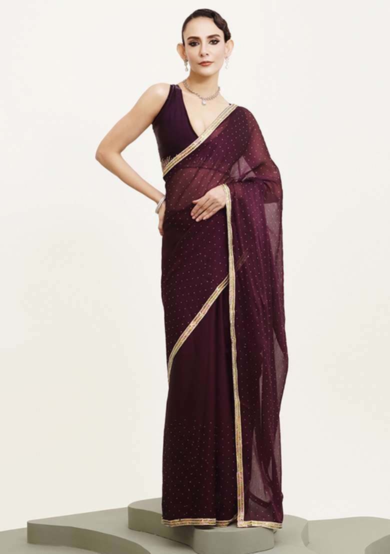 Purple Embroidered Chiffon Saree Set - Indya