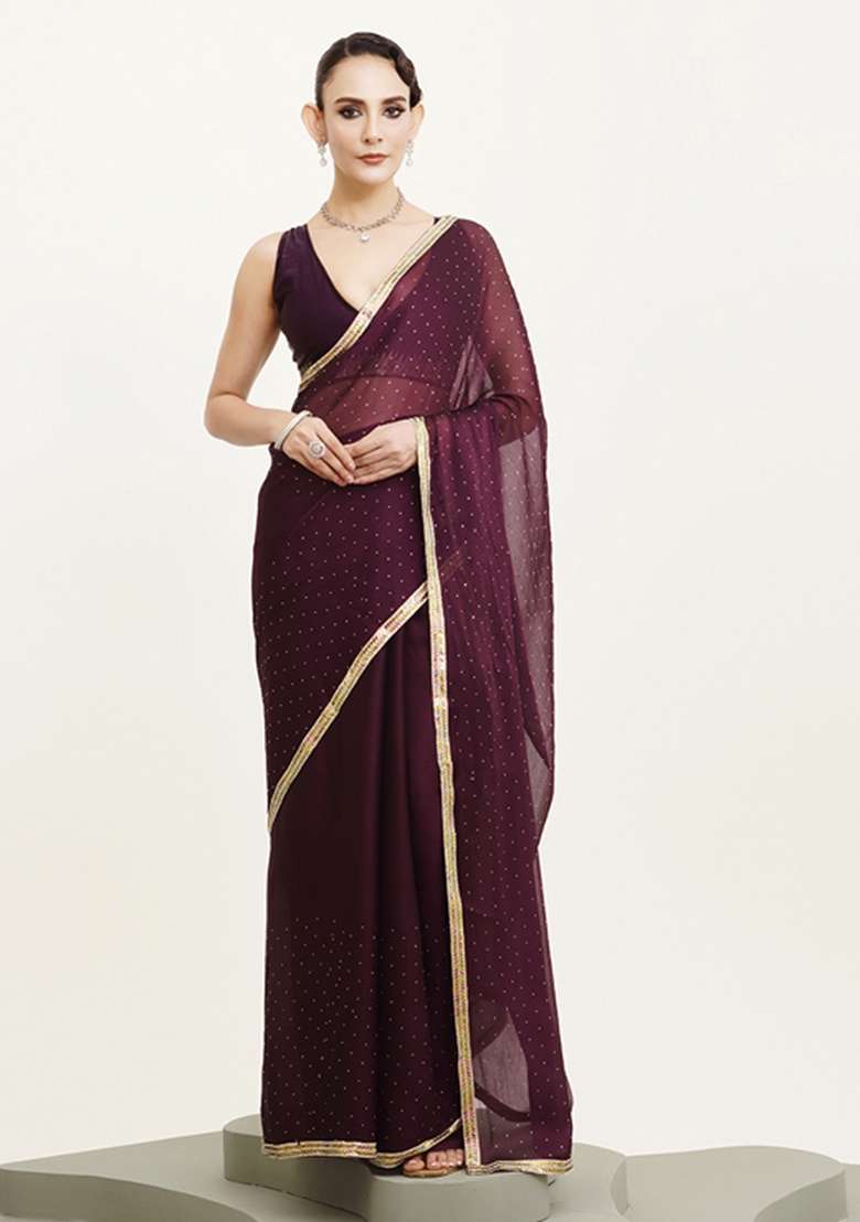 Purple Embroidered Chiffon Saree Set - Indya