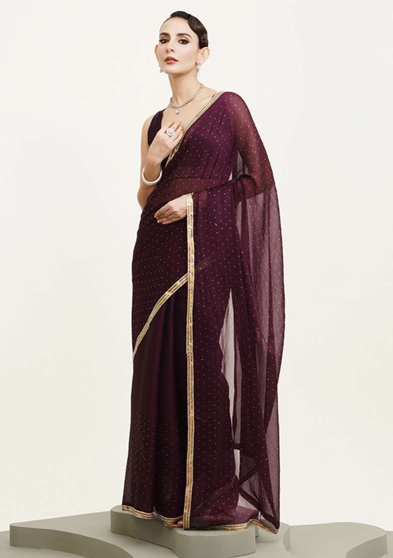 Purple Embroidered Chiffon Saree Set - Indya