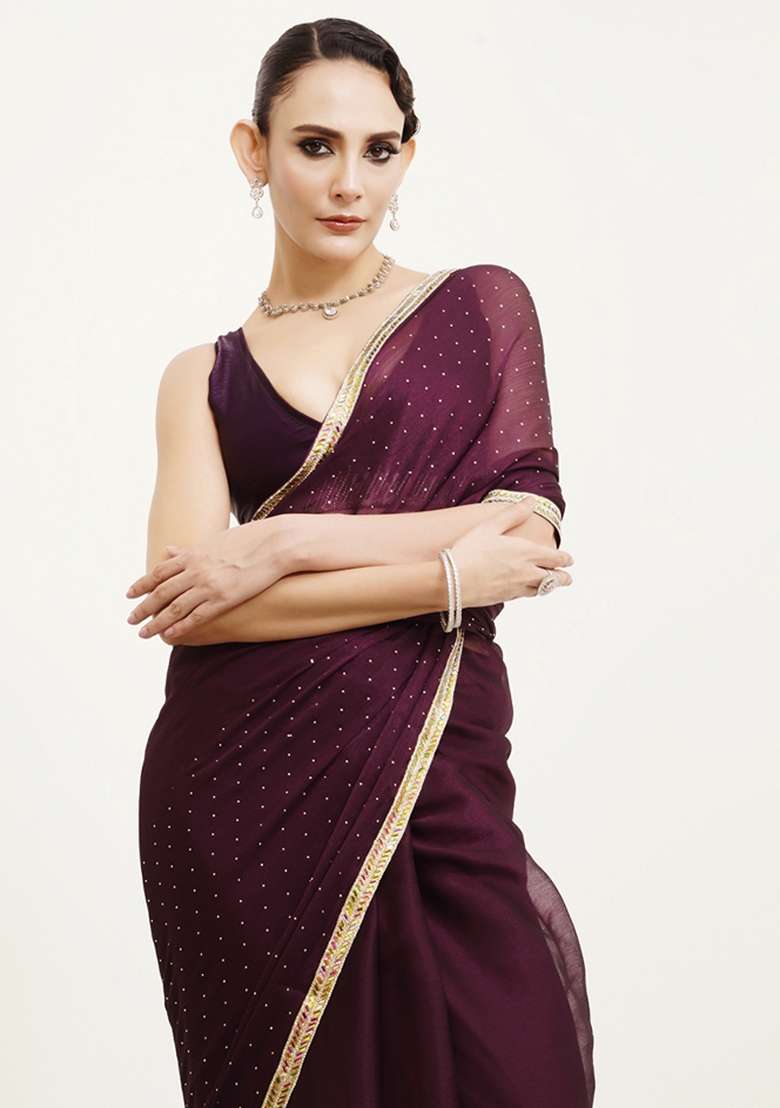 Purple Embroidered Chiffon Saree Set - Indya