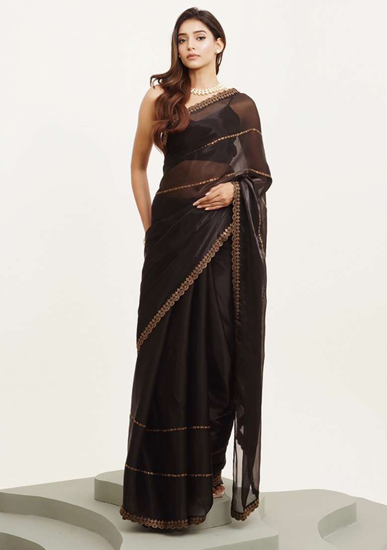 Black Embroidered Organza Saree Set - Indya