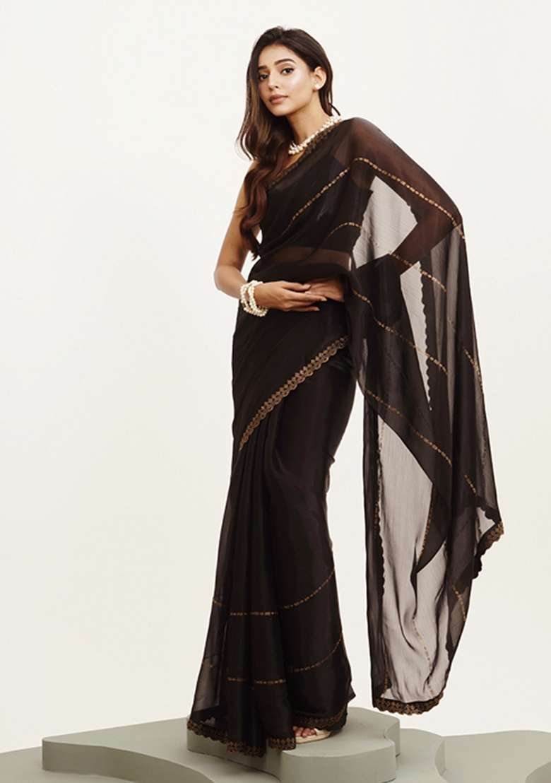 Black Embroidered Organza Saree Set - Indya