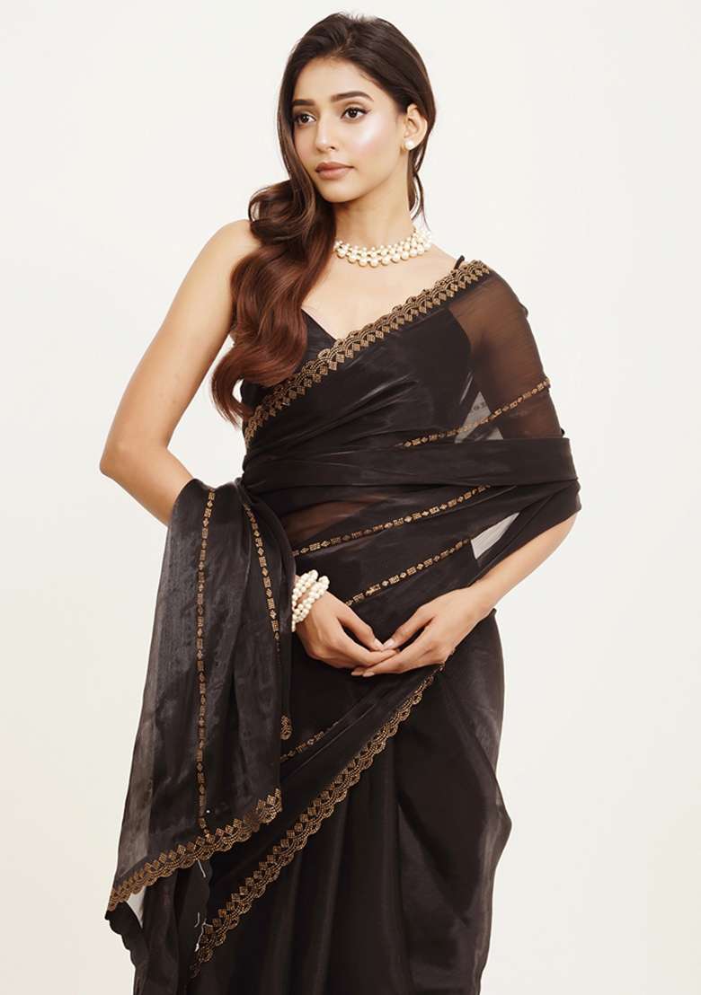 Black Embroidered Organza Saree Set - Indya