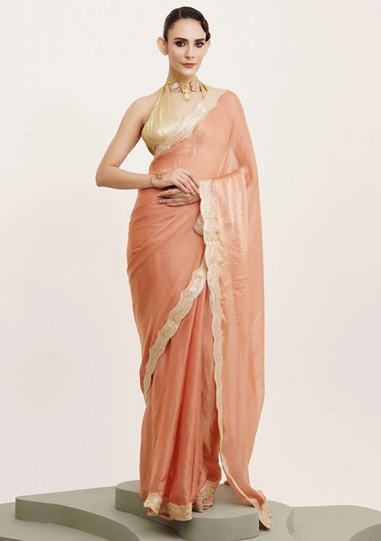 Peach Embroidered Satin Saree Set - Indya