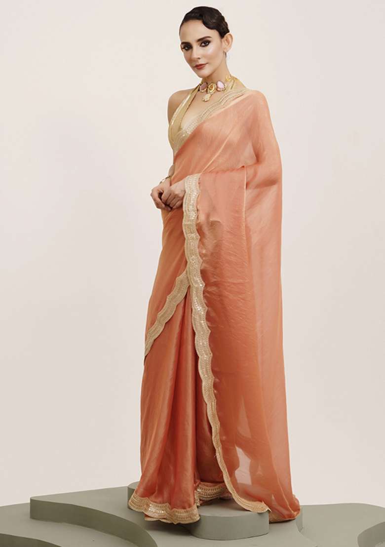 Peach Embroidered Satin Saree Set - Indya