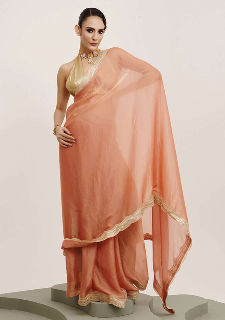 Peach Embroidered Satin Saree Set - Indya