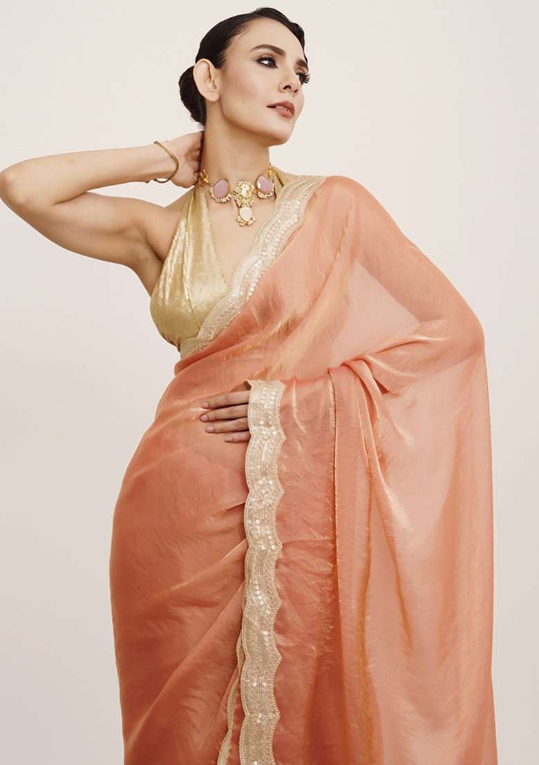 Peach Embroidered Satin Saree Set - Indya