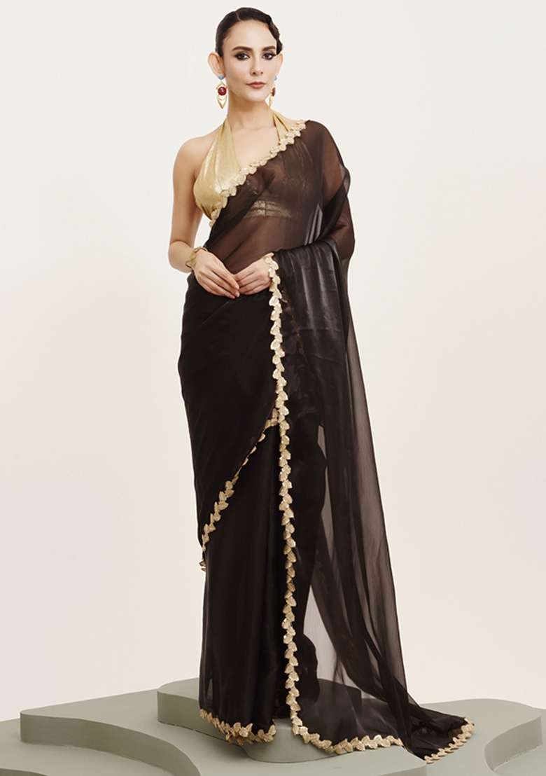 Black Embroidered Organza Saree Set - Indya