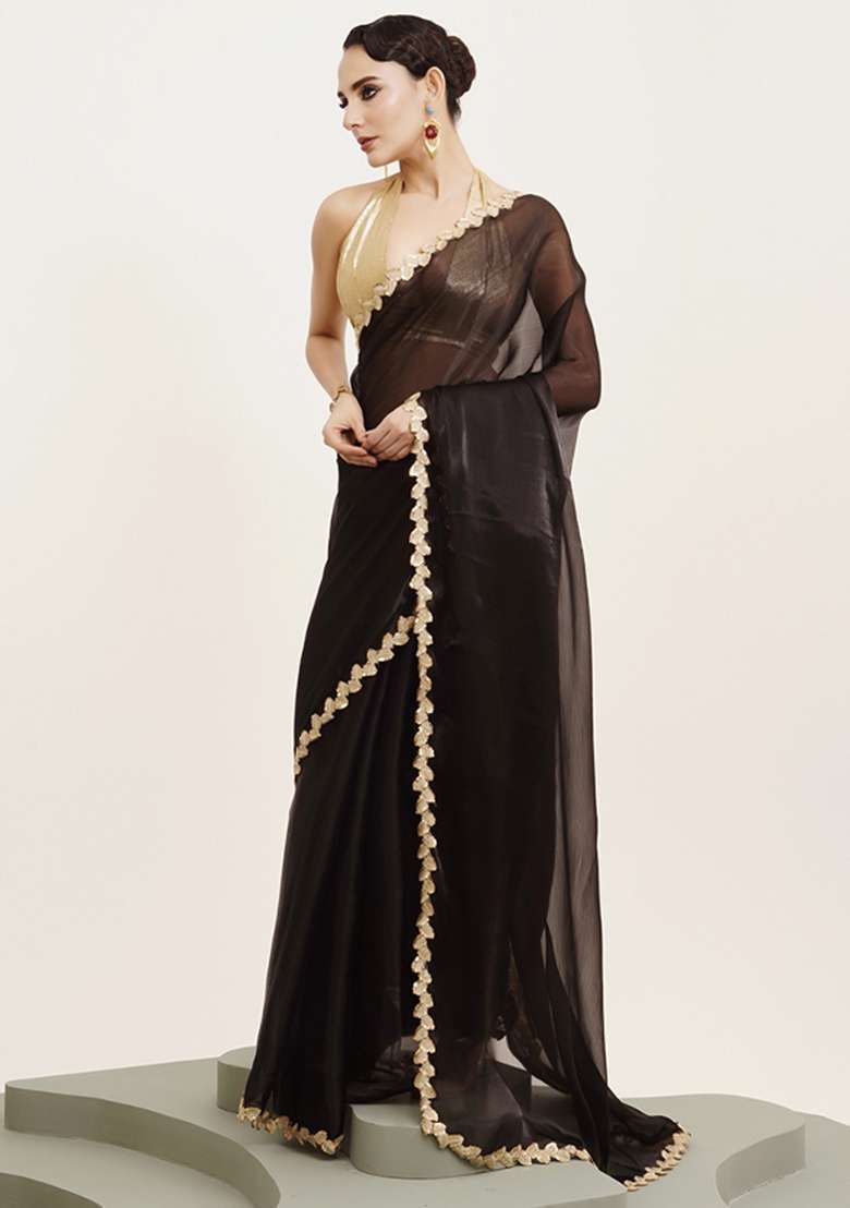 Black Embroidered Organza Saree Set - Indya
