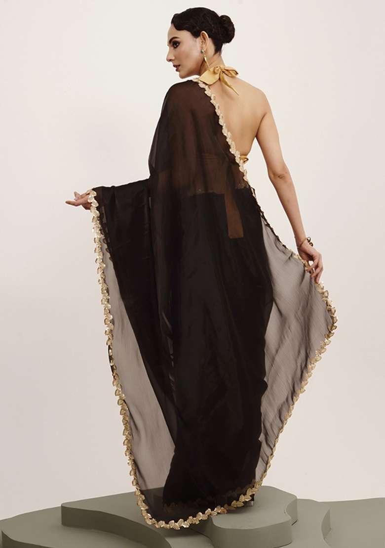 Black Embroidered Organza Saree Set - Indya