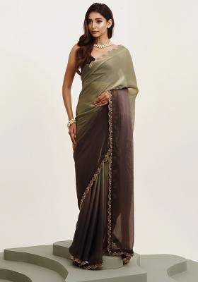 Grey Embroidered Satin Saree Set